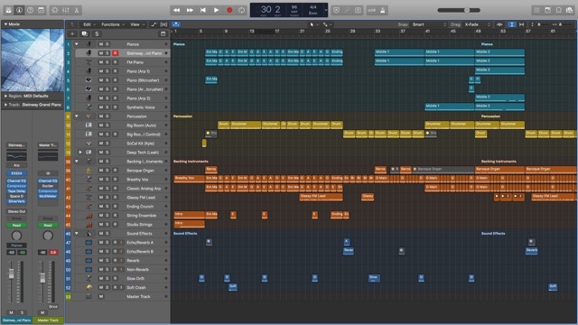 The Logic project for Ideas, organized by piano, percussion, synths, and sound effects.