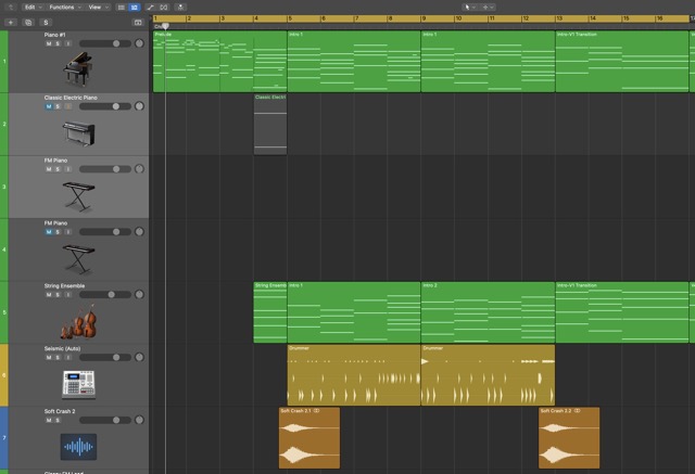 Piano and string chords over a gentle trap beat.