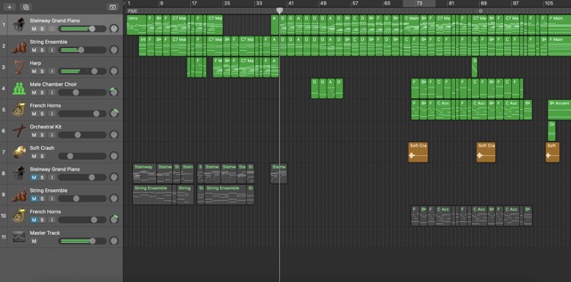 I arranged the song using only the stock sounds available in GarageBand.  This screenshot was taken later, opening my old project file in Logic Pro.