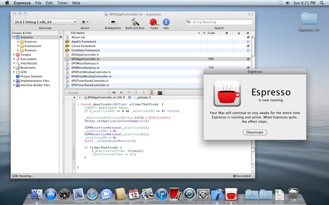 A simple utility to keep the screen from sleeping, shown here being built from source and run using Xcode 3.  I would later refine this into a much more robust app and publicly release it as Coffee Buzz.