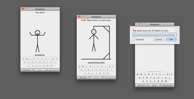 Hangman supported either one player (picking from an internal dictionary) or two (letting you choose the word).  There were limits to how devious you could be, however.