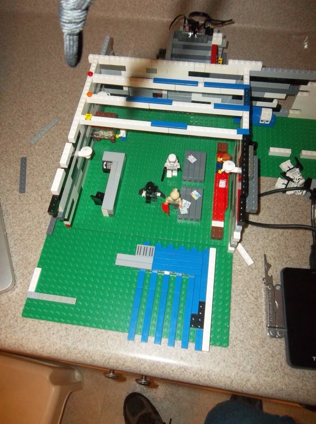 The apartment lobby, whose management is somehow unaware of its tenants' activities.