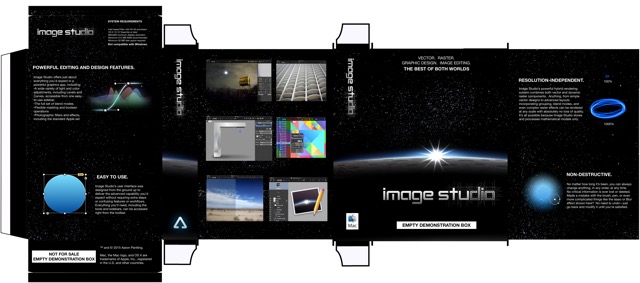 Just for fun, I designed a hypothetical retail box.  From left to right: inside front, right side, back, left side, front of a book flap, and the inside of the flap.