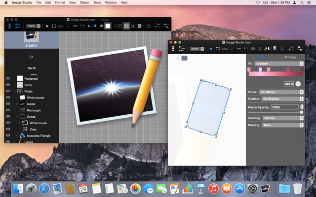 An early revision of Image Studio's icon.  Here, I focused on the precise outline of a shape.