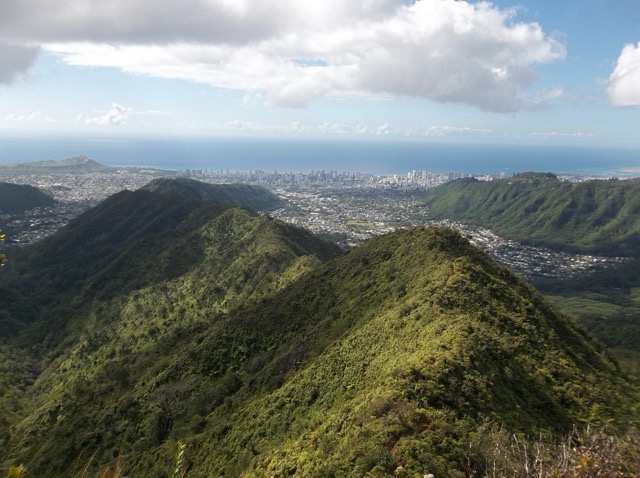 Southwest view from the Wa'ahila Ridge.  Downtown Honolulu is visible in the distance, and Diamond Head Crater on the left. (2015)